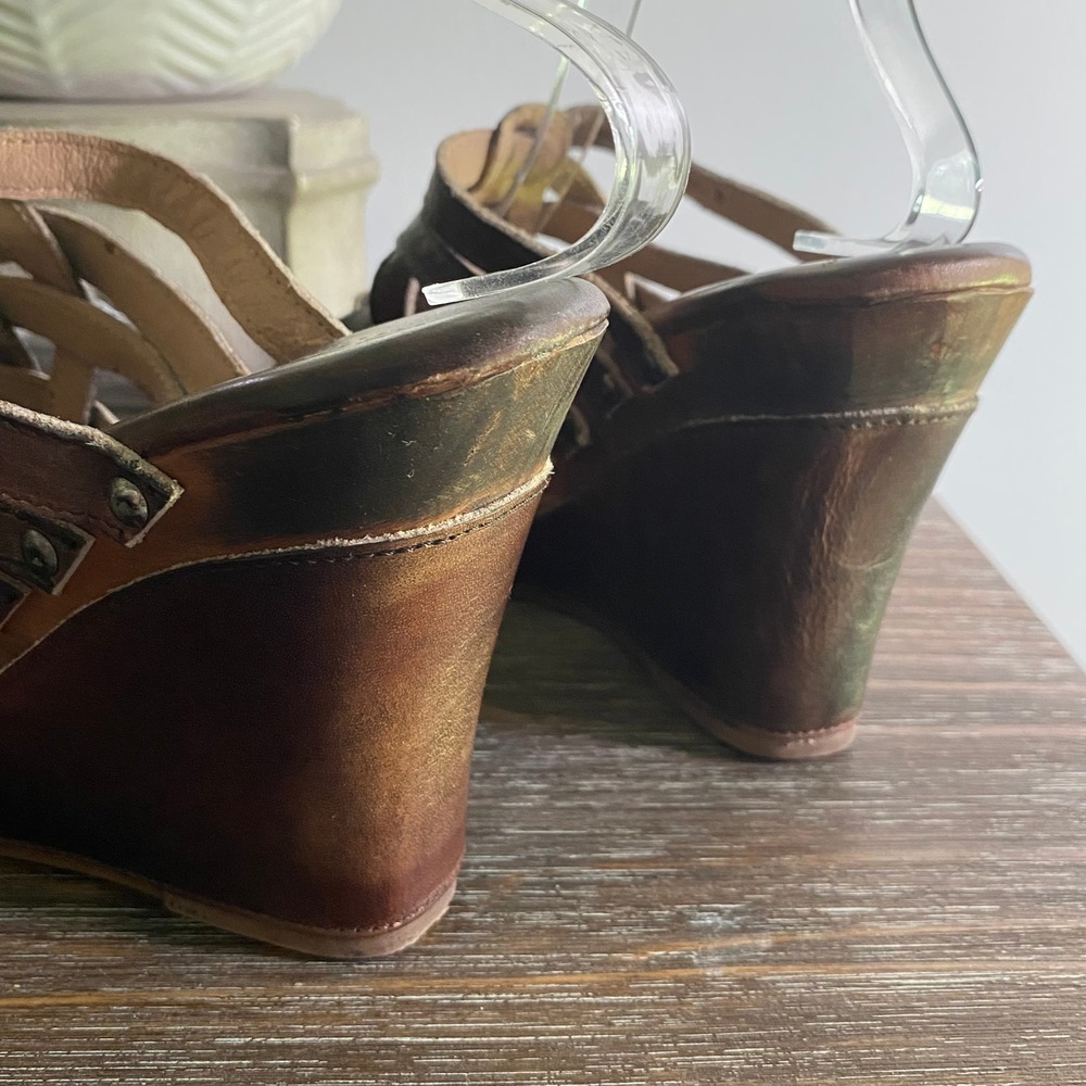 Bed Stu Gina Handmade Leather Studded Wood Platform Wedges Sandals Shoe 10 Brown - Picture 7 of 9